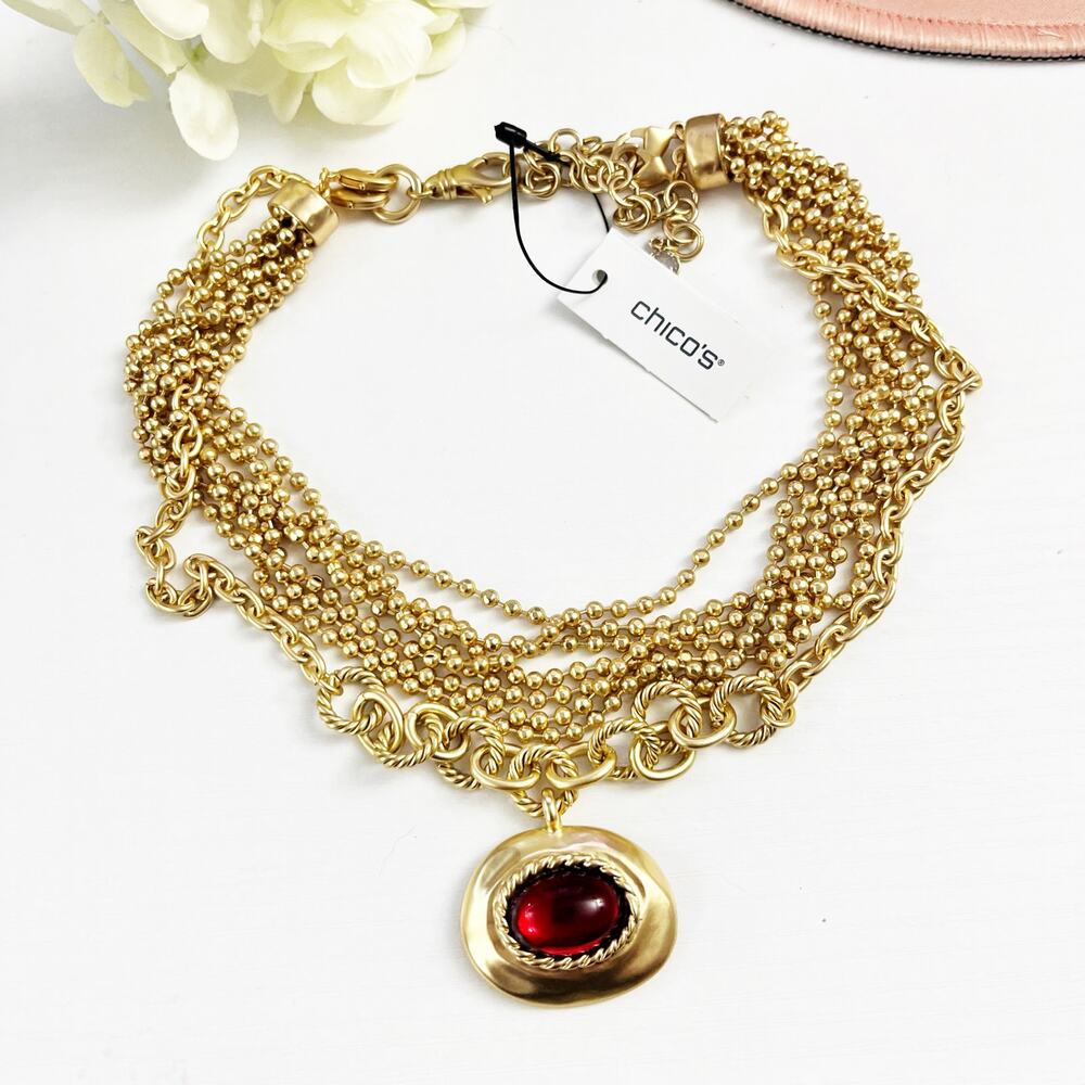 NEW Chico's Art Deco Red Gem Pendant Necklace - Picture 2 of 11